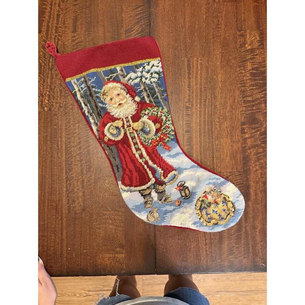 Needlepoint Santa Claus Christmas Wreath Stocking Embroidery Red Velvet Vtg